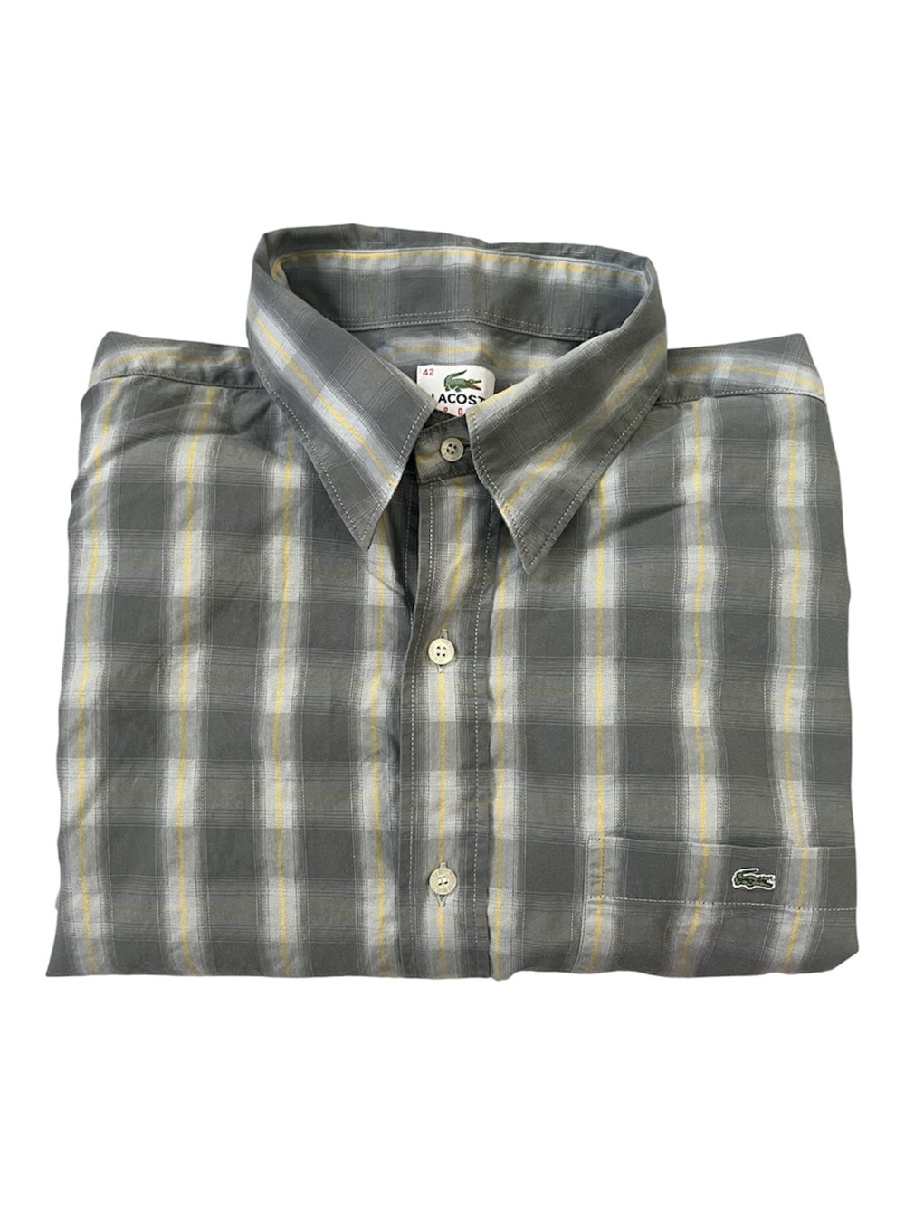 Lacoste Men’s Plaid Shirt Long Sleeve Cotton Grey White Yellow Size 42
